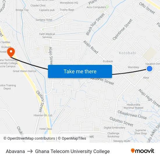 Abavana to Ghana Telecom University College map
