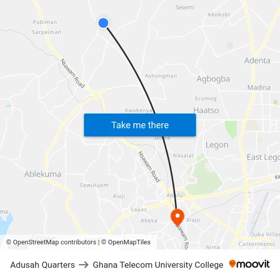 Adusah Quarters to Ghana Telecom University College map