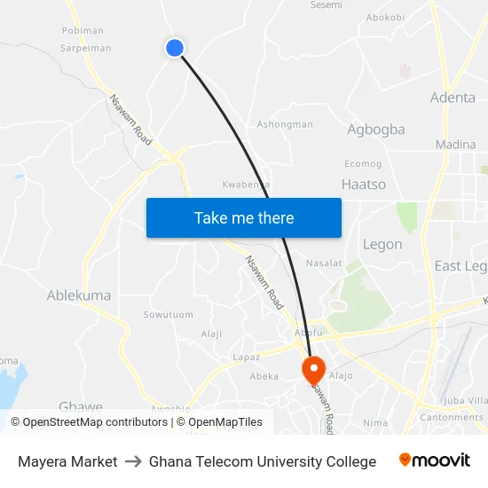 Mayera Market to Ghana Telecom University College map
