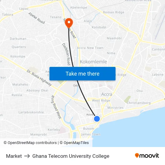 Market to Ghana Telecom University College map