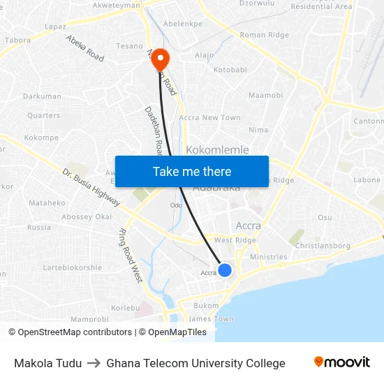 Makola Tudu to Ghana Telecom University College map