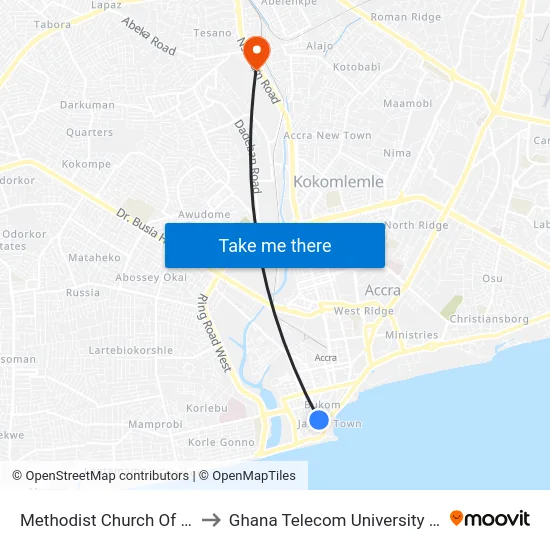Methodist Church Of Ghana to Ghana Telecom University College map