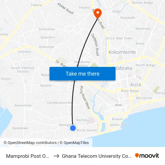 Mamprobi Post Office to Ghana Telecom University College map
