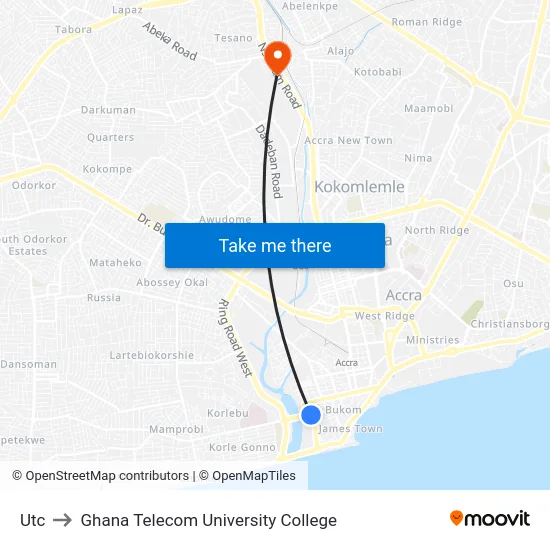 Utc to Ghana Telecom University College map