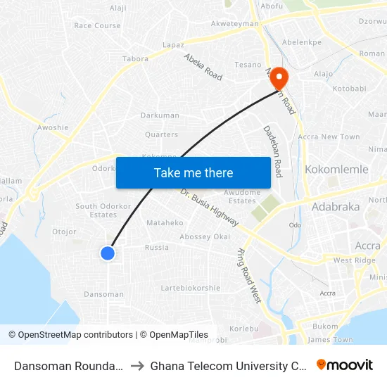 Dansoman Roundabout to Ghana Telecom University College map