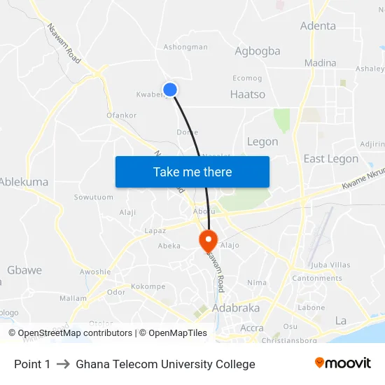 Point 1 to Ghana Telecom University College map