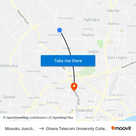 Mosuku Junction to Ghana Telecom University College map