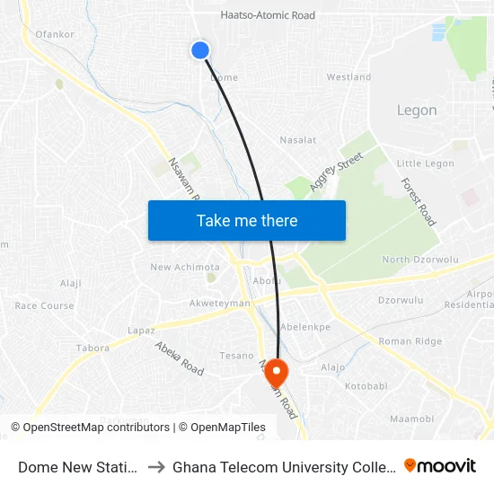 Dome New Station to Ghana Telecom University College map