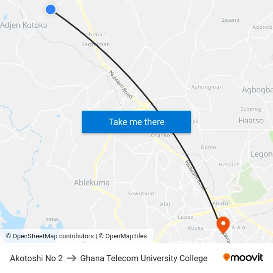 Akotoshi No 2 to Ghana Telecom University College map