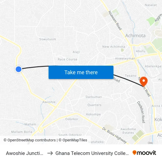 Awoshie Junction to Ghana Telecom University College map