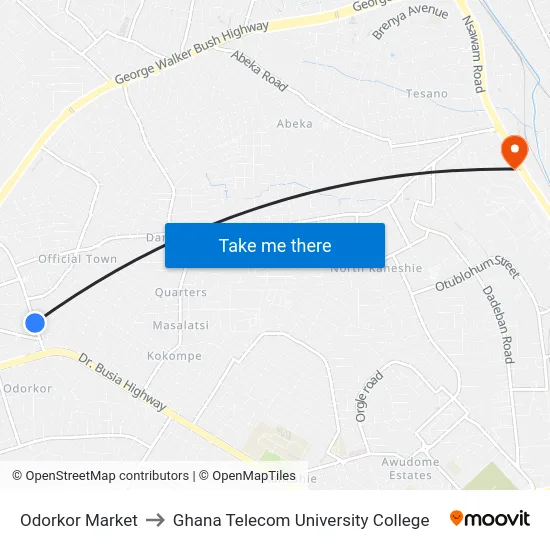 Odorkor Market to Ghana Telecom University College map