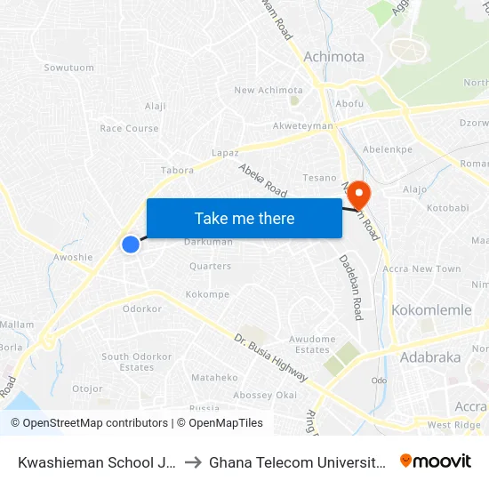 Kwashieman School Junction to Ghana Telecom University College map