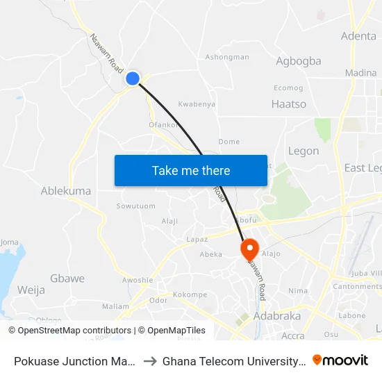 Pokuase Junction Main Road to Ghana Telecom University College map