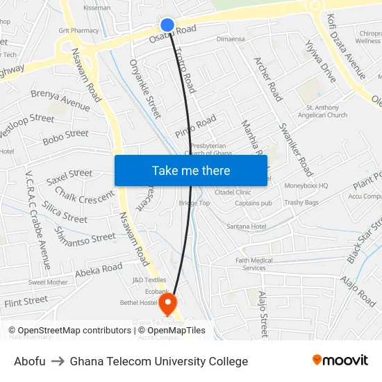 Abofu to Ghana Telecom University College map