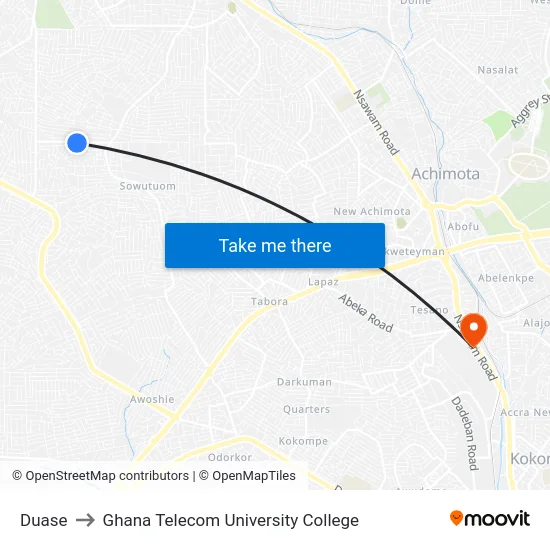 Duase to Ghana Telecom University College map