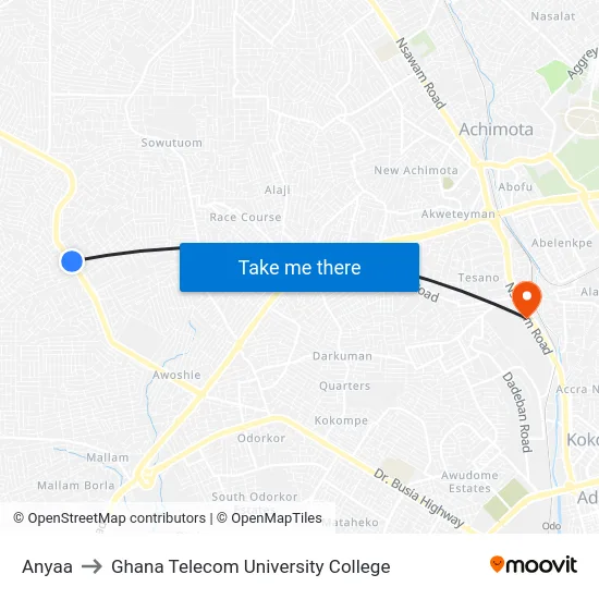Anyaa to Ghana Telecom University College map