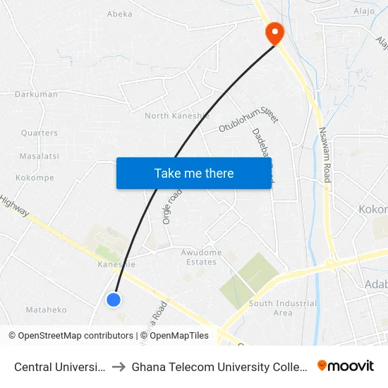Central University to Ghana Telecom University College map