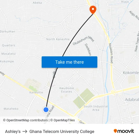 Ashley's to Ghana Telecom University College map