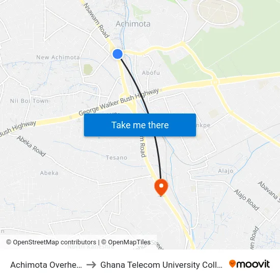 Achimota Overhead to Ghana Telecom University College map