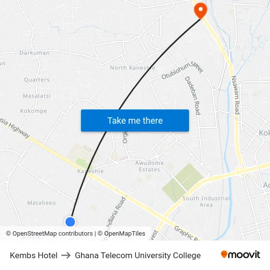 Kembs Hotel to Ghana Telecom University College map