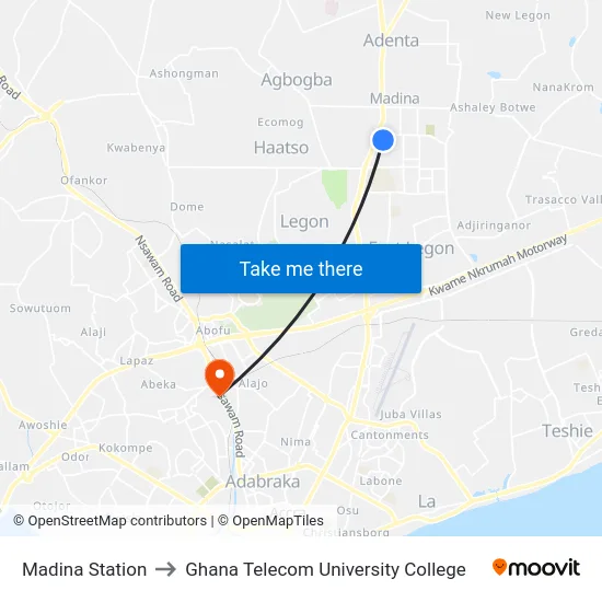 Madina Station to Ghana Telecom University College map
