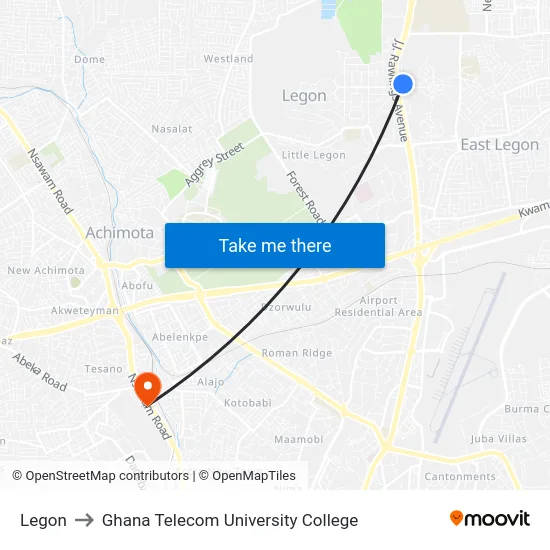 Legon to Ghana Telecom University College map