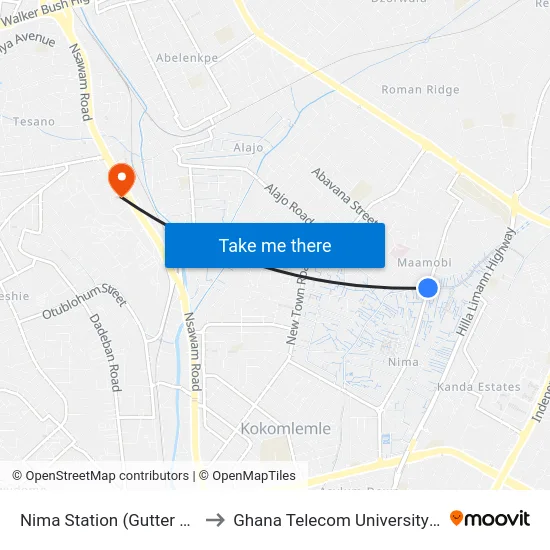 Nima Station (Gutter Station) to Ghana Telecom University College map