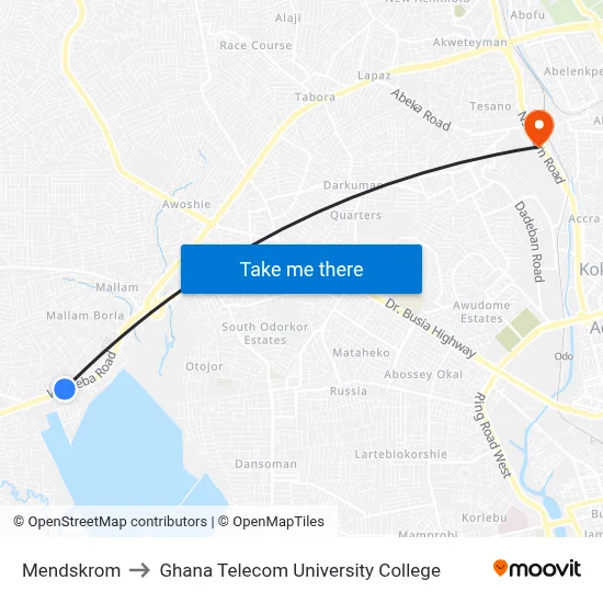 Mendskrom to Ghana Telecom University College map
