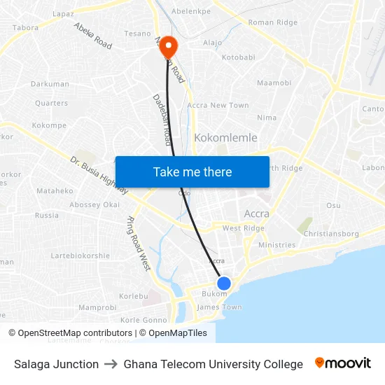 Salaga Junction to Ghana Telecom University College map