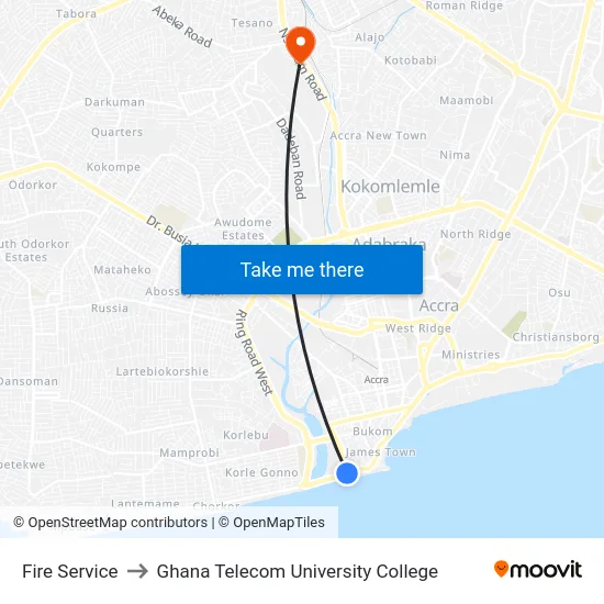 Fire Service to Ghana Telecom University College map