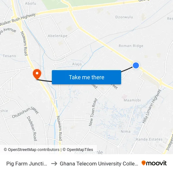 Pig Farm Junction to Ghana Telecom University College map