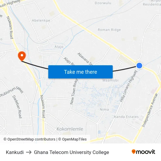 Kankudi to Ghana Telecom University College map