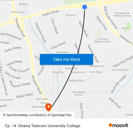 Cp to Ghana Telecom University College map