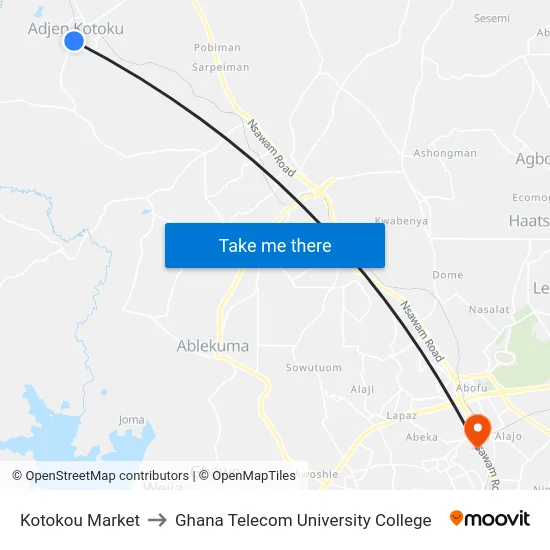 Kotokou Market to Ghana Telecom University College map