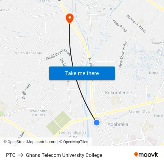 PTC to Ghana Telecom University College map