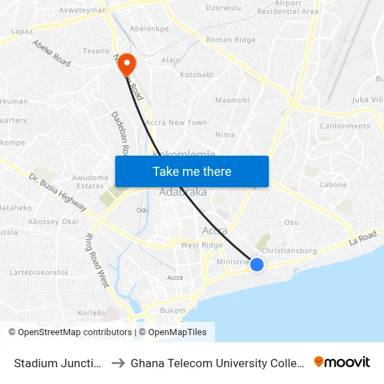 Stadium Junction to Ghana Telecom University College map