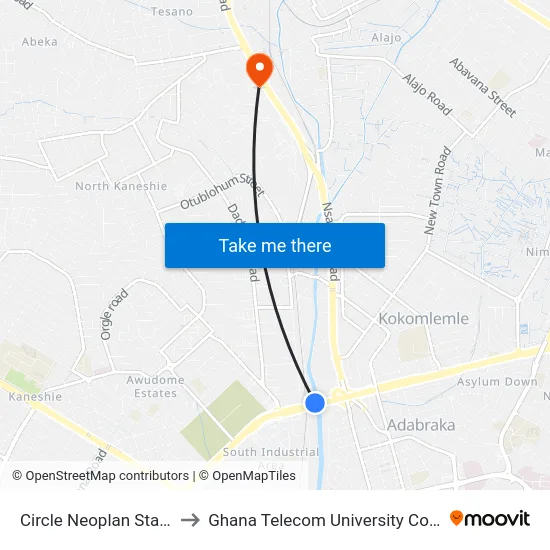 Circle Neoplan Station to Ghana Telecom University College map
