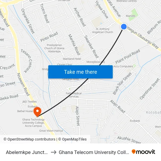 Abelemkpe Junction to Ghana Telecom University College map