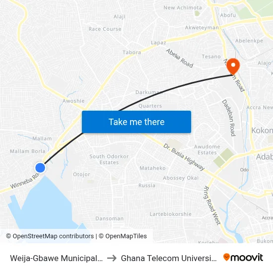 Weija-Gbawe Municipal Hospital to Ghana Telecom University College map