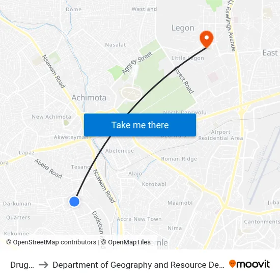 Drug Store to Department of Geography and Resource Development, University of Ghana map