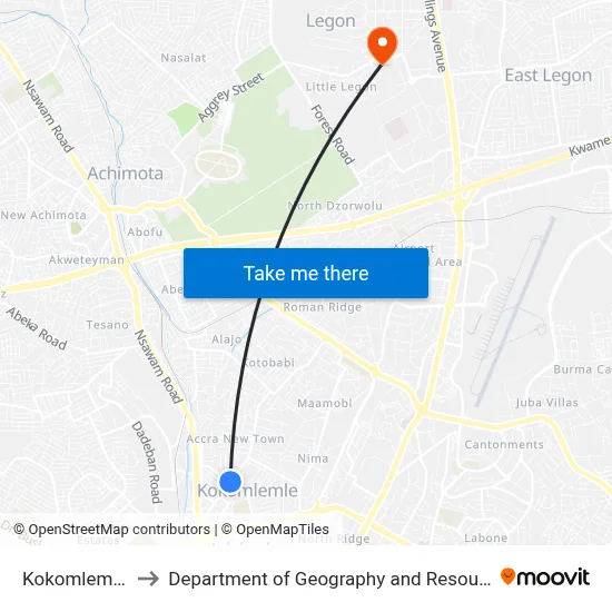 Kokomlemle (Pro Credit) to Department of Geography and Resource Development, University of Ghana map