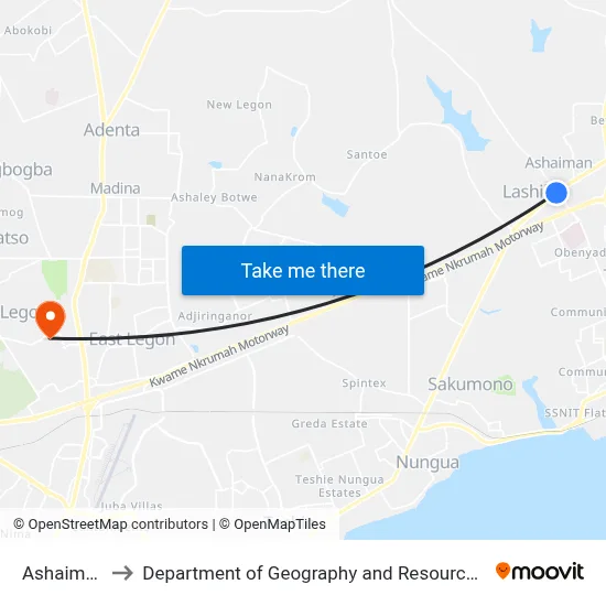 Ashaiman Market to Department of Geography and Resource Development, University of Ghana map