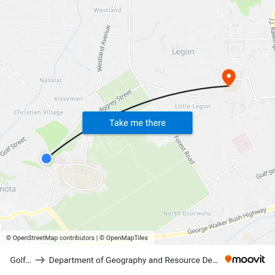Golf Park to Department of Geography and Resource Development, University of Ghana map