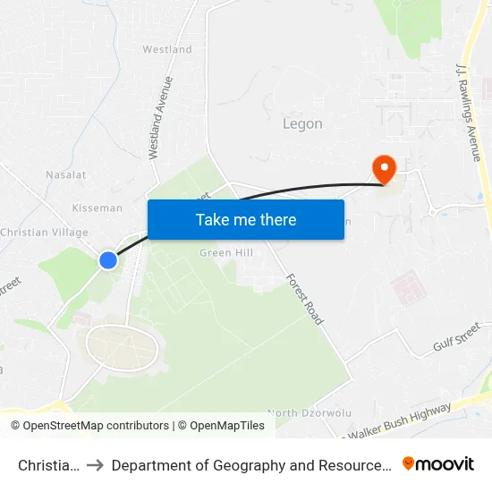 Christian Village to Department of Geography and Resource Development, University of Ghana map