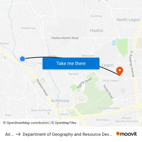 Airport to Department of Geography and Resource Development, University of Ghana map