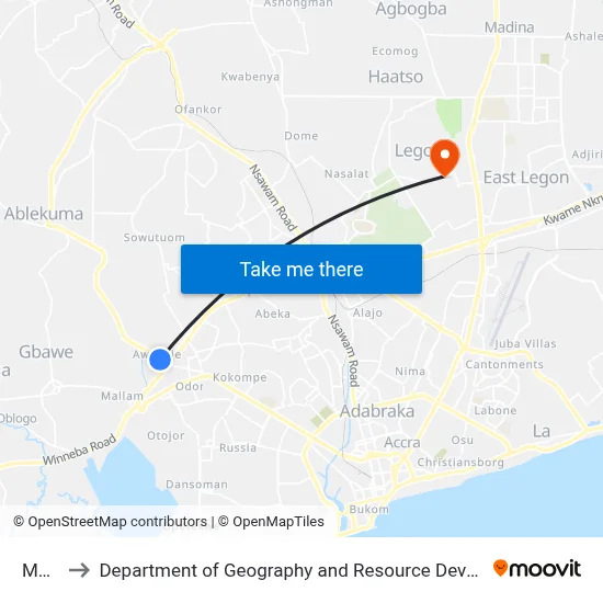 Mallam to Department of Geography and Resource Development, University of Ghana map