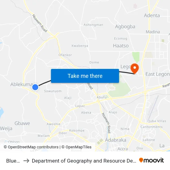 Blue Kiosk to Department of Geography and Resource Development, University of Ghana map