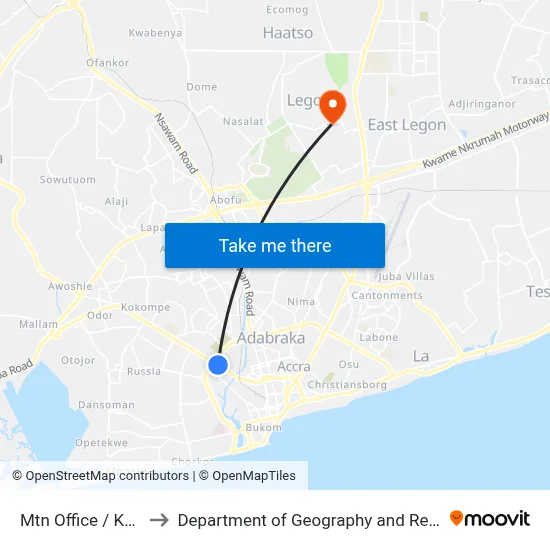 Mtn Office / Kaneshie Roundabout to Department of Geography and Resource Development, University of Ghana map