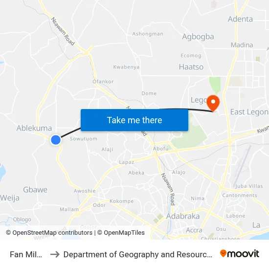 Fan Milk Junction to Department of Geography and Resource Development, University of Ghana map