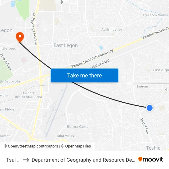 Tsui Bleoo to Department of Geography and Resource Development, University of Ghana map